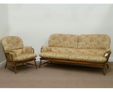 Ercol vintage/retro beech framed stick back three seat sofa (W195) and matching arm chair (W81cm) 