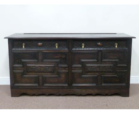 Early 20th century oak two drawer sideboard enclosed by two fielded panel doors, W168cm