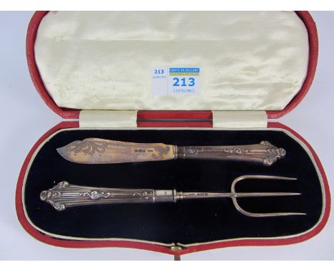 Edwardian silver bread knife and fork by C W Fletcher Sheffield 1903 cased