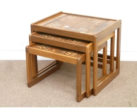Teak vintage retro nest of three tile top tables, W60cm