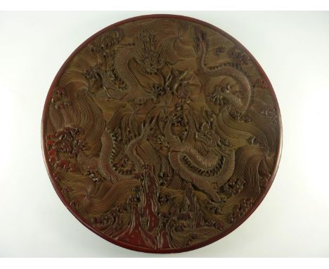 Chinese cinnabar lacquer circular plaque carved with dragons, with six character Qianlong mark verso D37cm
