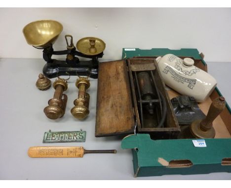 Vintage Libra Scale Co. kitchen scales, Doultons Improved Foot Warmer retailed by Taylor & Jones Ironmongers Scarboro, brass 