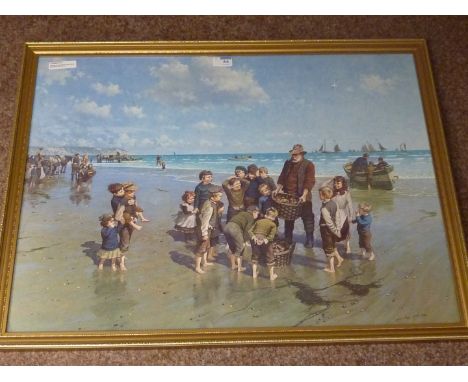Figures on the Beach Filey,colour print after John Groves 55cm x 75cm