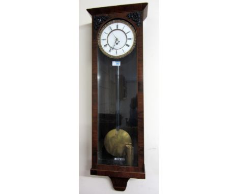 19th century Biedermeier Vienna single weight driven wall clock, two piece enamel dial  with piecrust bezel in rosewood case 