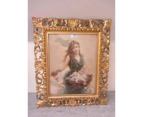 Girl Distributing Cherubs from a Basket, late 19th century colour print after Bissois 43cm x 53cm in carved giltwood Florenti