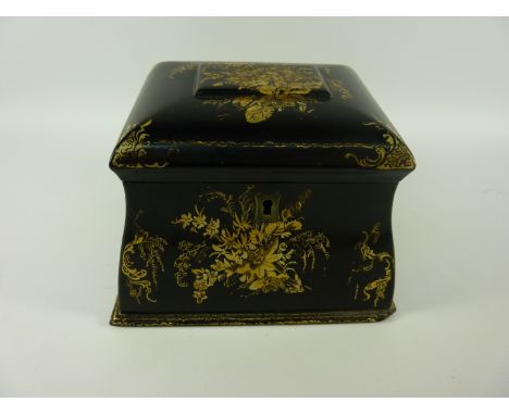 Victorian papier-mache tea caddy with gilt floral decoration H12cm