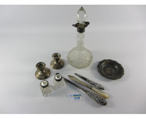 Pair of dwarf silver candlesticks, pair of Norwegian salt and peppers with guilloche enamel and silver tops, vinegar bottle w