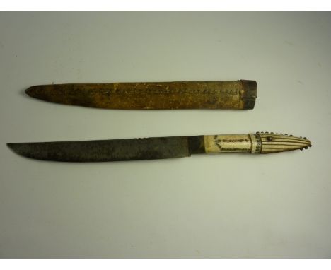 18th century hunting knife with carved and decorated bone handle, single edge 18cm blade with vellum scabbard  