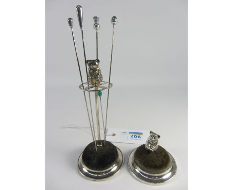 Edwardian silver 'teddy' pin cushions with stick pins by William Vale & Sons Birmingham 1909