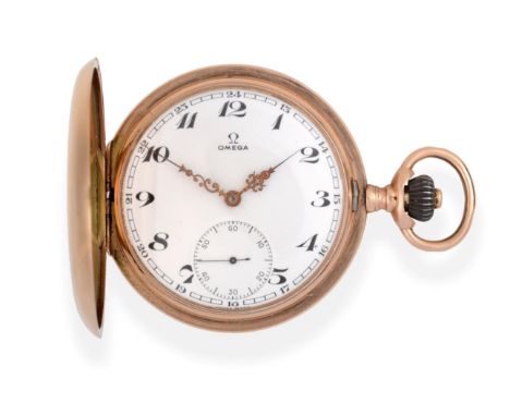A 14ct Gold Full Hunter Pocket Watch, signed Omega, circa 1920, lever movement, enamel dial with Arabic numerals and signed, 