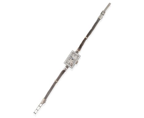 A Lady's Art Deco Diamond Set Wristwatch, lever movement, rectangular silvered dial with Arabic numerals, within an eight-cut