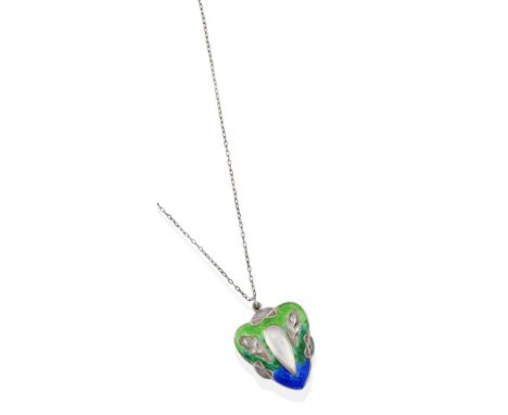 An Art Nouveau Pendant on Chain, by Queensway, the shield  motif enamelled in blues and greens, on a fine trace link chain, p