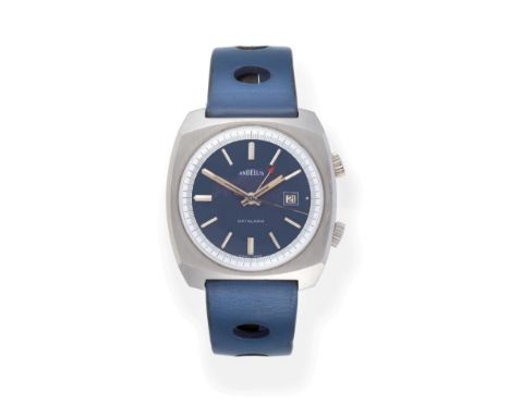 A Stainless Steel Cushion Shaped Calendar Centre Seconds Alarm Wristwatch, signed Angelus, model: Datalarm, circa 1970, lever