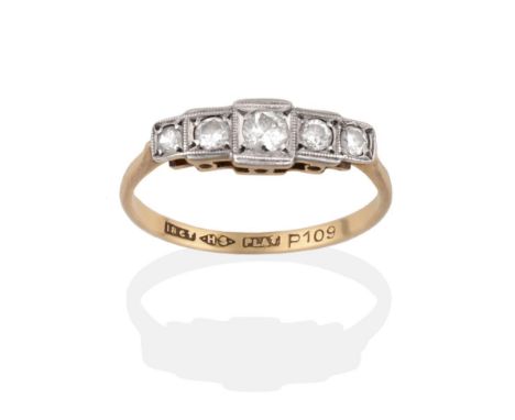 An Art Deco Diamond Five Stone Ring, the graduated round brilliant cut diamonds in individual white square settings, to a yel