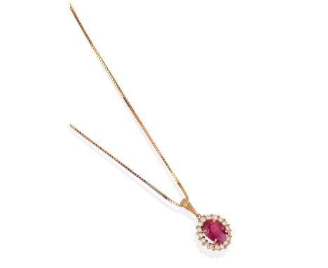 A Padparadscha Sapphire and Diamond Cluster Pendant on Chain, the oval cut sapphire within a border of round brilliant cut di