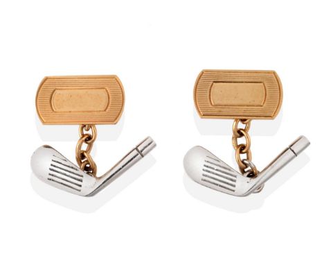 A Pair of 9 Carat Two Colour Gold Golf Club Cufflinks, a yellow oblong engine-turned panel chain linked to a white golf club 