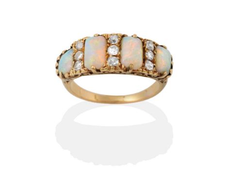 An Opal and Diamond Ring, four graduated oblong cabochon opals spaced by vertically set trios of old cut diamonds, in yellow 