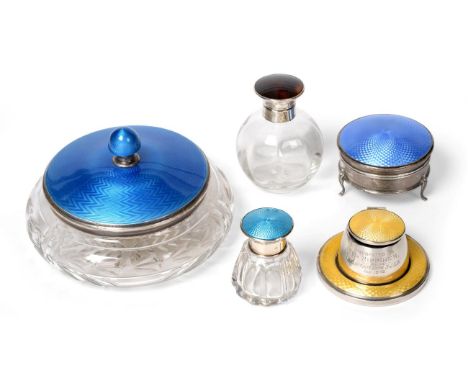 Three Enamelled Silver Dressing-Table items, comprising: a compressed circular jar with blue enamelled cover, by Albert Carte