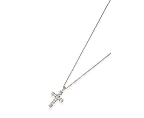 A Diamond Cross Pendant on Chain, set throughout with round brilliant cut diamonds, in white claw settings, on a curb link ch