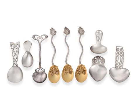 Five Various Elizabeth II Silver Tea-Caddy Spoons, two by A. E. Jones, Birmingham, 2003 and 2004, one by Broadway and Co., Bi
