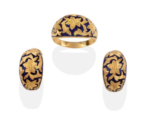 A Blue Enamel Ring, the blue enamel with etched out floral motif design, finger size R, and A Pair of Matching Earrings, with