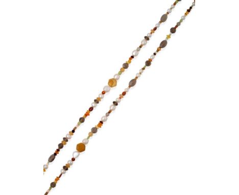 A Multi-Gemstone Bead Necklace, cultured pearls spaced by orange sapphire, peridot, smoky quartz, emerald, hessonite garnet, 