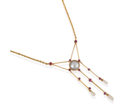 A Blister Pearl, Ruby and Houndstooth Pearl Necklace, the round blister pearl in a yellow millegrain setting to four round br