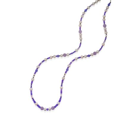 A Purple Opal, Amethyst, Lapis Lazuli and Cultured Pearl Necklace, purple opal, amethyst and metallic coated lapis lazuli bea