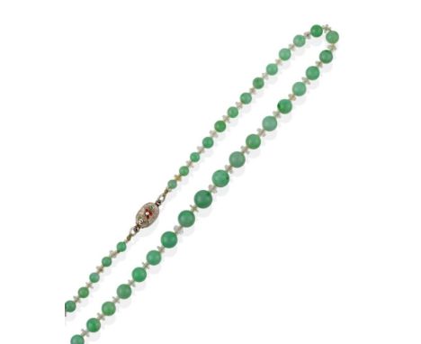 A Jade and Rock Crystal Necklace, spherical jade beads spaced by faceted and smooth rock crystal beads to an enamel floral de