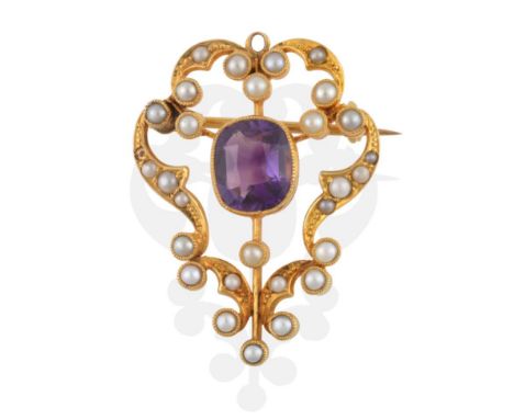 An Amethyst and Seed Pearl Brooch/Pendant, a cushion cut amethyst in a yellow millegrain setting, within a seed pearl set fra