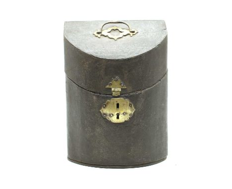 An English George III shagreen and brass mounted knife box, with slant top and bow front form, having original cloth covered 