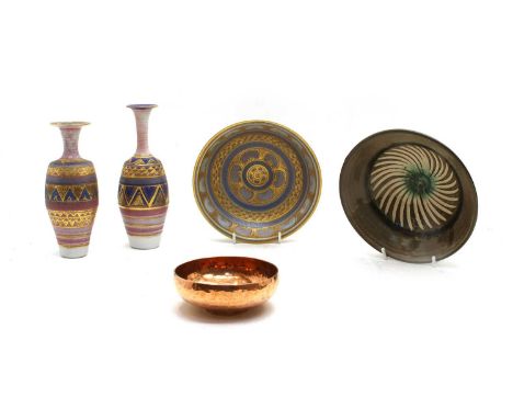 A Mary Rich (b.1940) studio pottery footed shallow bowl, having blue ground and gilt heightened geometric detailing, signed t
