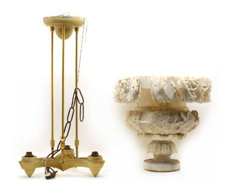 A large alabaster urn form table lamp, (a/f), 41cm high, 45cm diameter, together with a 20th century triform hanging ceiling 