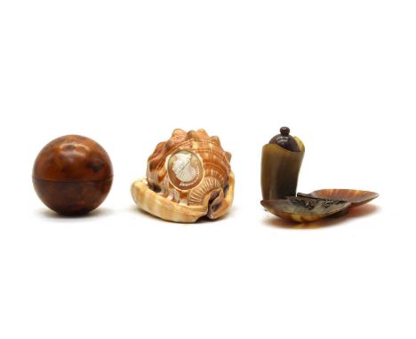 A carved cameo conch shell, depicting a portrait of a centurion, 14cm x 10cm, a mid century horn naturalistic inkstand with g