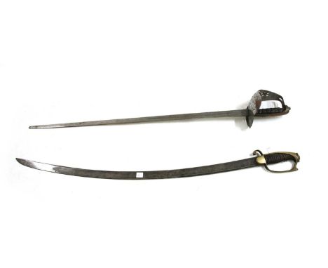 An 1897 pattern Infantry Officer's sword, the pierced steel hilt with cipher, surrounding a wire bound wooden grip, impressed