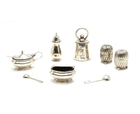 Silver items including a 'weight' pepper grinder by Jane Brownett, London 1899, a three-piece cruet, and a pair of gadrooned 