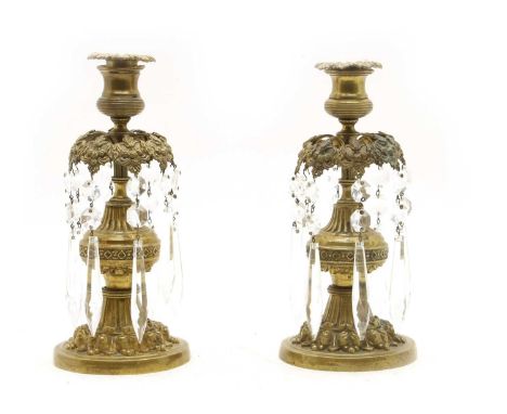 A pair of 19th century French gilt brass table lustres, with drops, 22.5cm high (2)Condition report: Lacking gilt, with one e