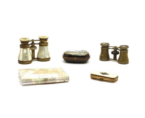 A pair of French mother of pearl and gilt metal opera glasses, together with one other pair, a Limoges patch box, a mother of