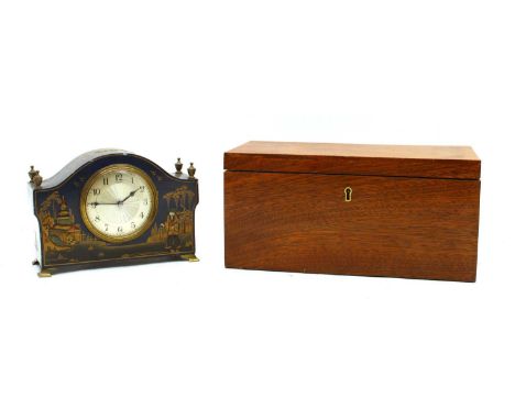 A 1920s blue lacquered mantel clock, with gilt chinoiserie decoration, 15cm high, and a mahogany jewellery box, 30cm wide (2)