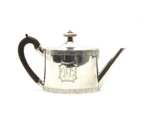George III silver teapot, Henry Chawner, London 1790, of ovoid form in the Neo Classical style, with engraved borders, fitted