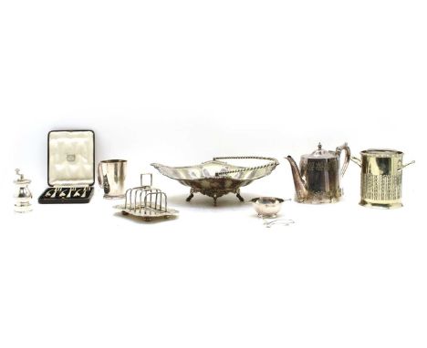 A collection of silver-plated items, including six gateau forks, cased, six cased fruit knives and forks with mother of pearl