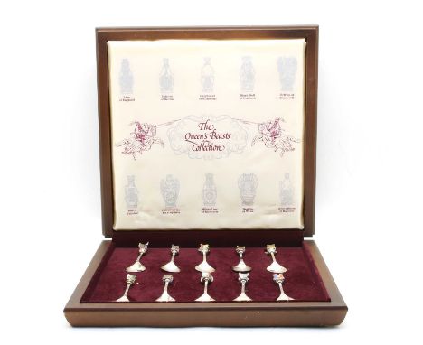 A cased set of ten Silver Jubilee Collectors Spoons, 'The Queen's Beasts Commemorative Spoons', Birmingham 1977, 17oztConditi