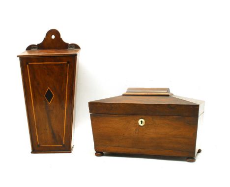 An early 19th century rosewood sarcophagus tea caddy, together with an inlaid pitch pine candle boxCondition report: Both pie