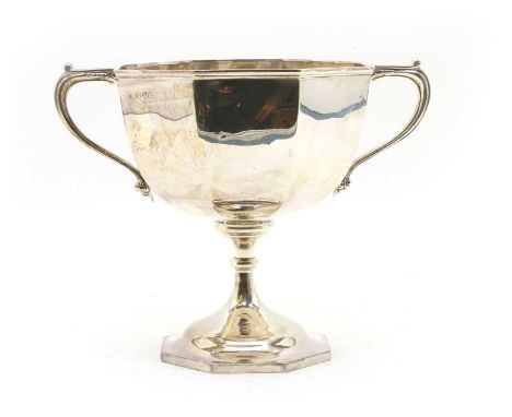 An octagonal twin handled silver trophy cup, on a spreading foot, by Charles Boyton &amp; Son Ltd, London, 1919