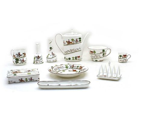 A Coalport 'Hunting scene' dinner service, comprising, 1 serving plate, 39cm, a coffee pot and lid, 20cm, a teapot and lid, 1