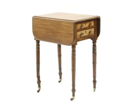 A George III mahogany drop leaf lamp table, with two frieze drawers on turned legs, 49.5cm wide x 69cm highProvenance: The es