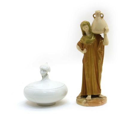 A Royal Worcester blush ivory figure of a female watercarrier, 14cm high, together with a Wein porcelain powder bowl and cove