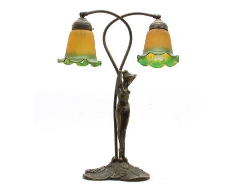 An Art Nouveau style twin branch table lamp, with a figural stand, 52cm highCondition report: Overall good condition, with on