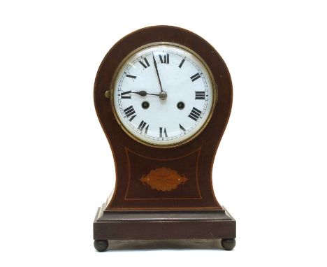 Edwardian inlaid mahogany balloon mantel clock, the white enamel dial with Roman numerals on bun feet, 37cm high, diameter of