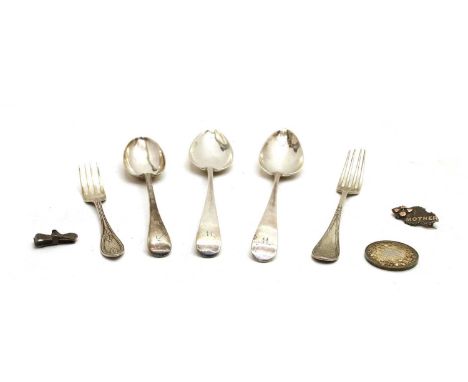 A collection of silver items, comprising a pair of Georgian silver dessert spoons, maker "ML", London, 1795, two silver forks